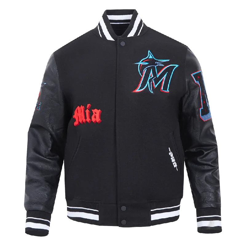 MLB MIAMI MARLINS OLD ENGLISH MEN'S RIB WOOL VARSITY JACKET (BLACK)