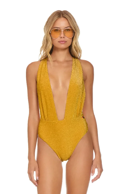 SPARKLE COMO DEEP PLUNGE CROSS BACK WOMENS ONE PIECE - GOLD