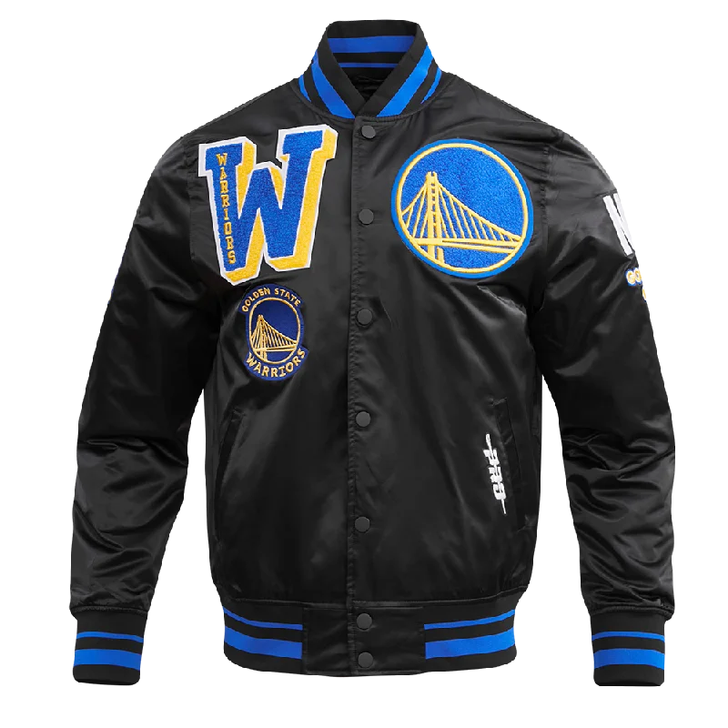 NBA GOLDEN STATE WARRIORS MASHUP MEN'S RIB SATIN JACKET (BLACK/ROYAL BLUE/BLACK)