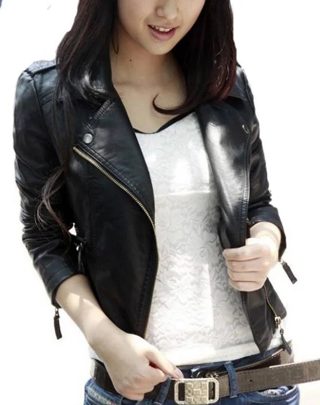 Women Real Lambskin Leather Biker Jacket KW432