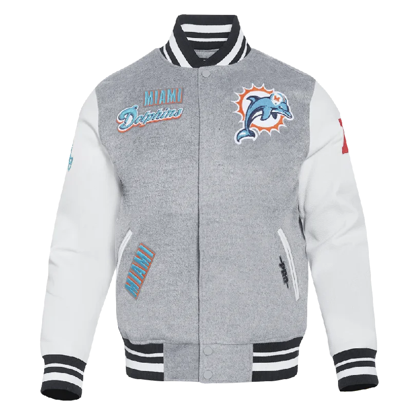 NFL MIAMI DOLPHINS RETRO CLASSIC MEN'S RIB WOOL VARSITY JACKET (HEATHER GREY/WHITE/BLACK)