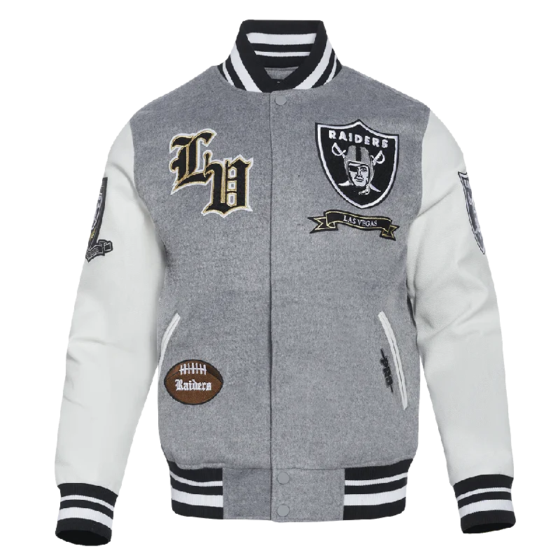 NFL LAS VEGAS RAIDERS PRO PREP MEN'S WOOL VARSITY JACKET (HEATHER GREY/WHITE/BLACK)