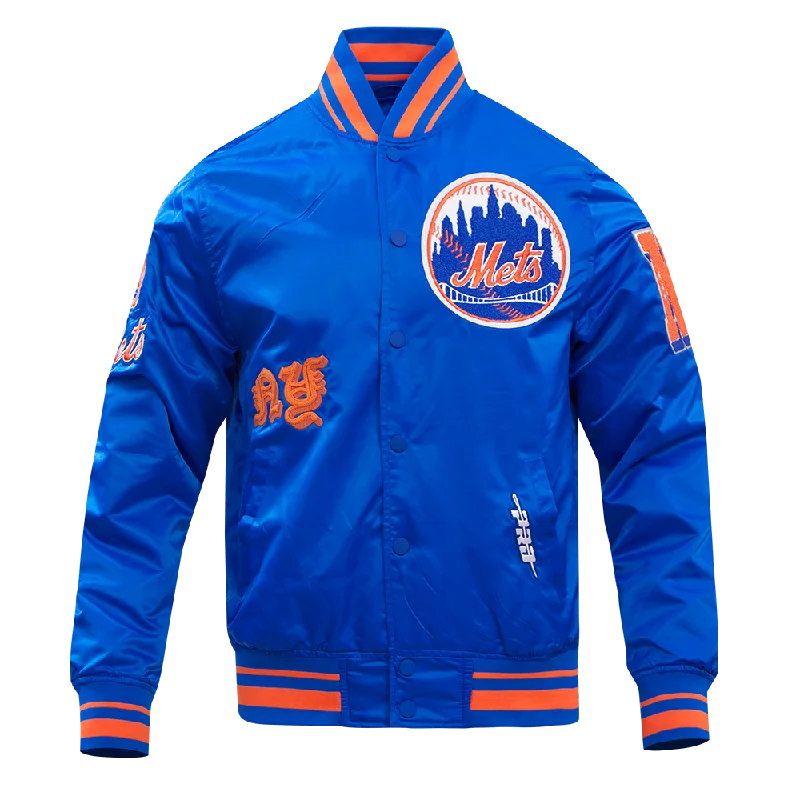 MLB NEW YORK METS OLD ENGLISH MEN'S RIB SATIN JACKET (ROYAL/ORANGE/ROYAL)