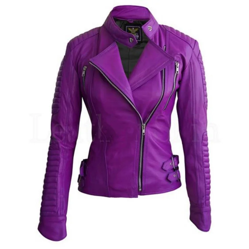 Women Real Lambskin Leather Biker Jacket KW506