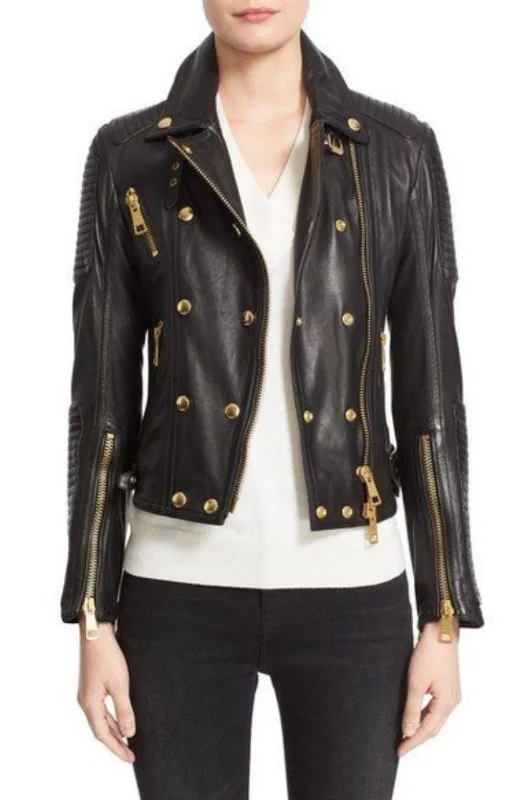 Women Real Lambskin Leather Biker Jacket KW514