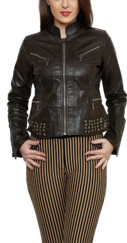 Women Real Lambskin Leather Biker Jacket KW421