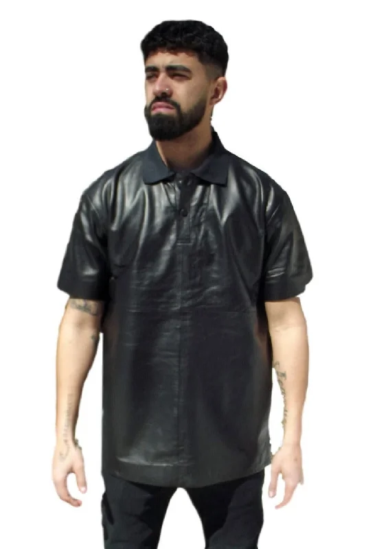 Mens Leather Polo shirt- Smooth Black Nappa Sheepskin