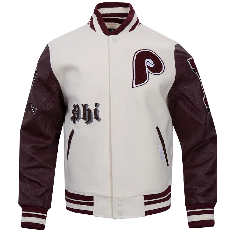 MLB PHILADELPHIA PHILLIES RETRO OLD ENGLISH MEN'S RIB WOOL VARSITY JACKET (EGGSHELL/WINE)