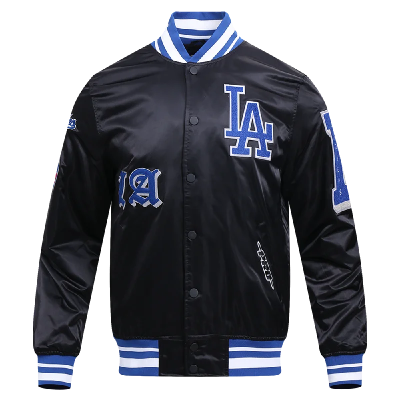 MLB LOS ANGELES DODGERS OLD ENGLISH MEN'S RIB SATIN JACKET (BLACK/DODGER BLUE)