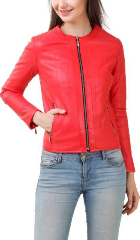 Women Real Lambskin Leather Biker Jacket KW418