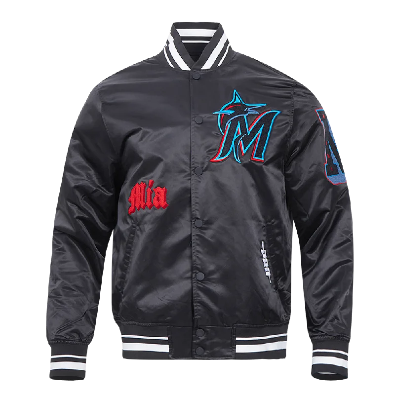 MLB MIAMI MARLINS OLD ENGLISH MEN'S RIB SATIN JACKET (BLACK)