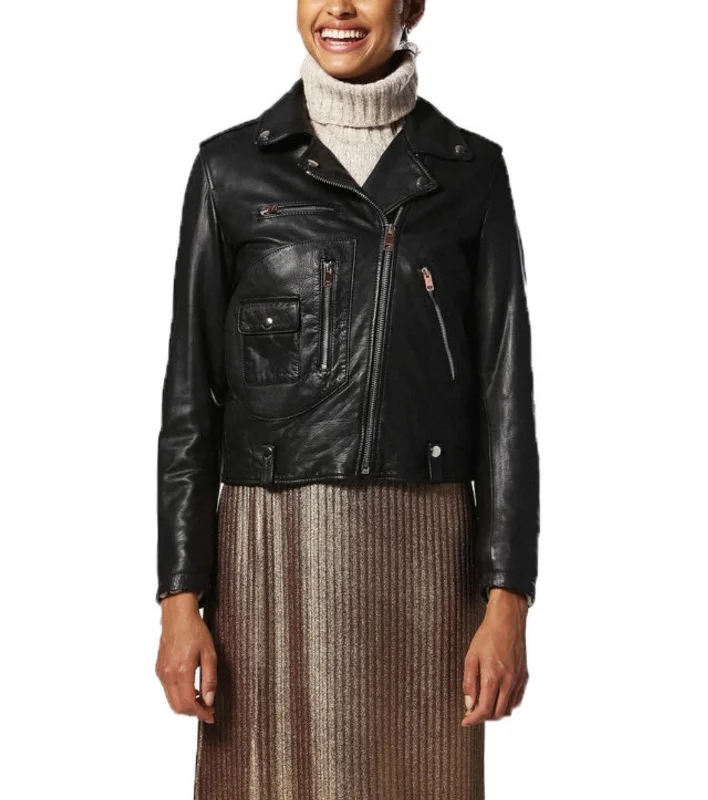 Women Real Lambskin Leather Biker Jacket KW525