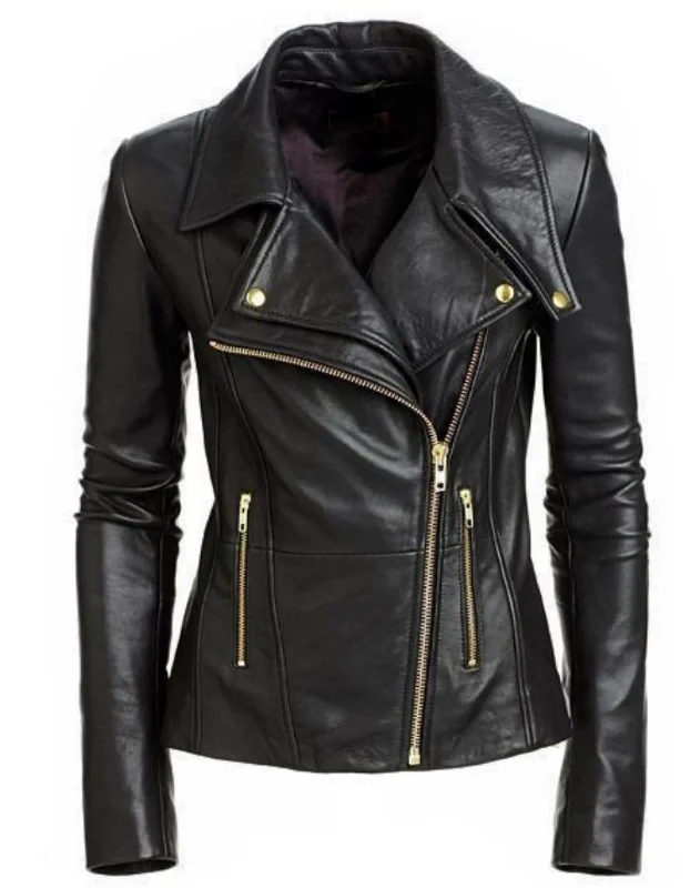 Women Real Lambskin Leather Biker Jacket KW483