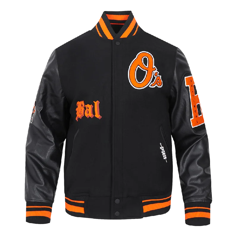 MLB BALTIMORE ORIOLES CLASSIC OLD ENGLISH MEN'S RIB WOOL VARSITY JACKE (BLACK/ORANGE)