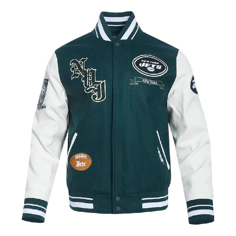 NFL NEW YORK JETS PRO PREP MEN'S WOOL VARSITY JACKET (FOREST GREEN/WHITE)