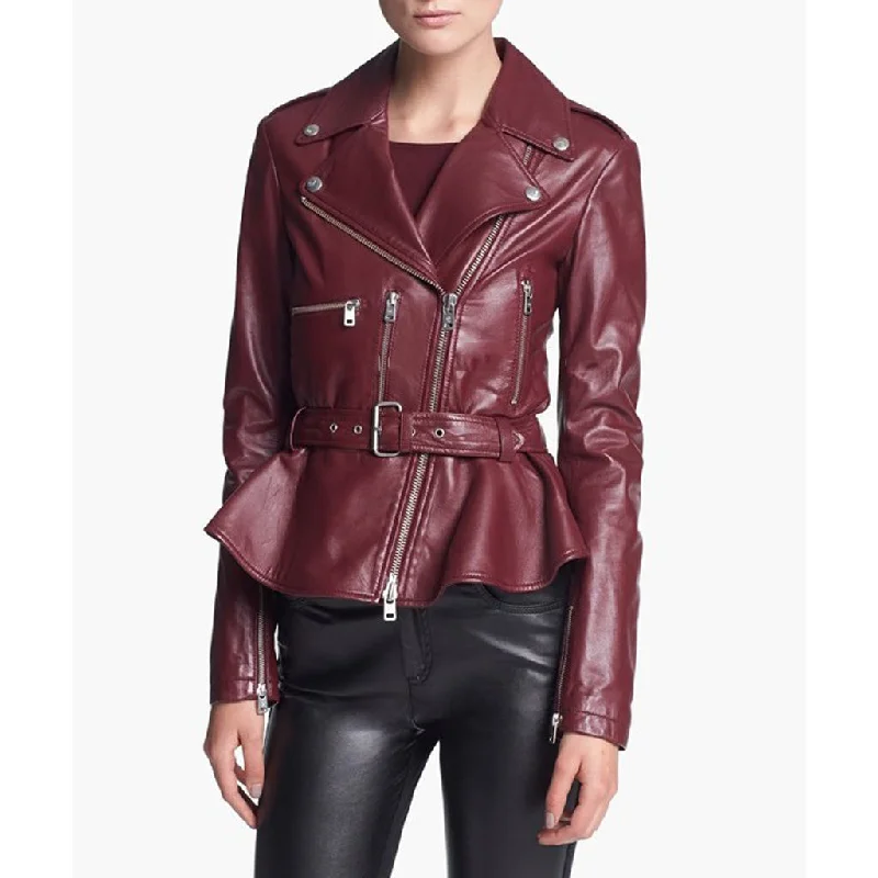 Women Real Lambskin Leather Biker Jacket KW477