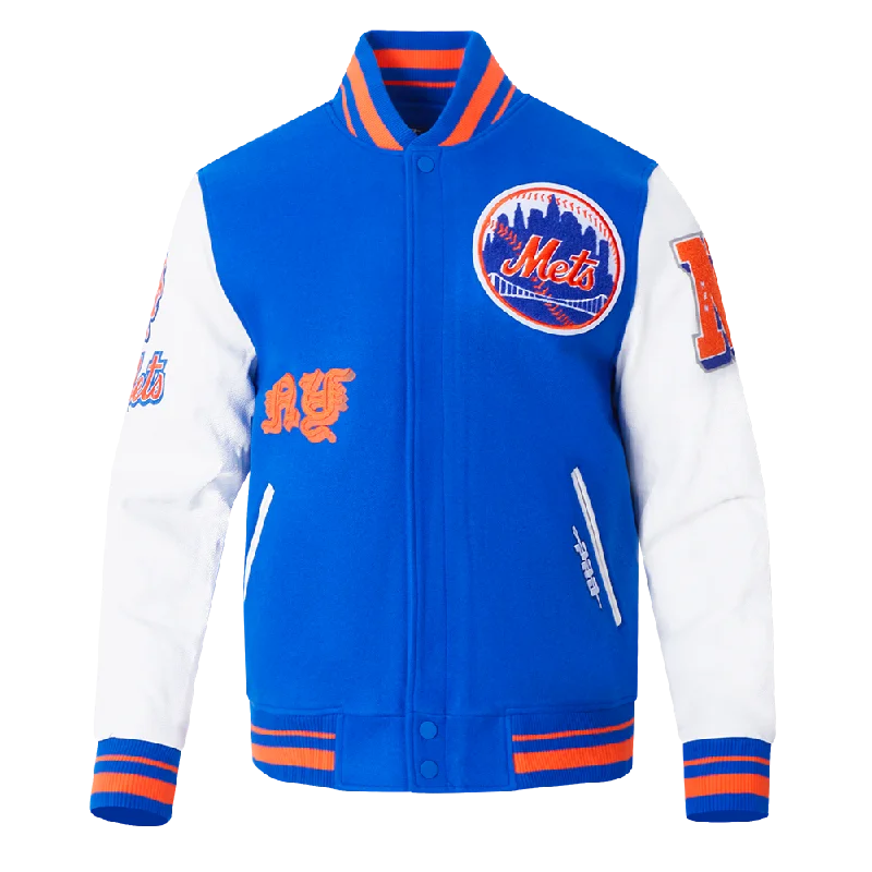 MLB NEW YORK METS OLD ENGLISH MEN'S RIB WOOL VARSITY JACKET (ROYAL/ORANGE/ROYAL)