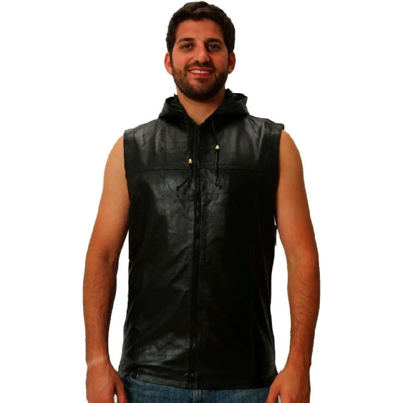 Sleeveless Leather Hoodie | Black Nappa Sheepskin