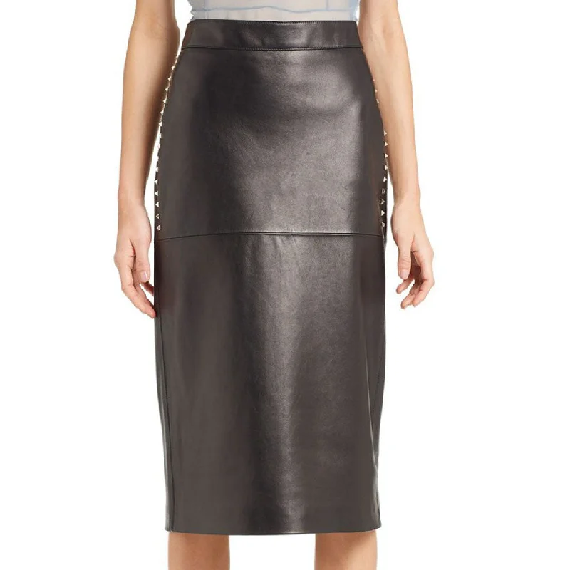 Women Real Lambskin Leather Knee Length Skirt WS154