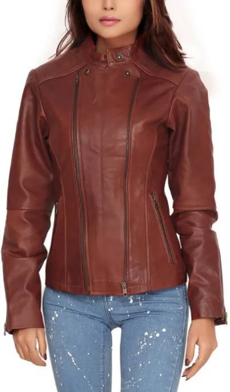 Women Real Lambskin Leather Biker Jacket KW438