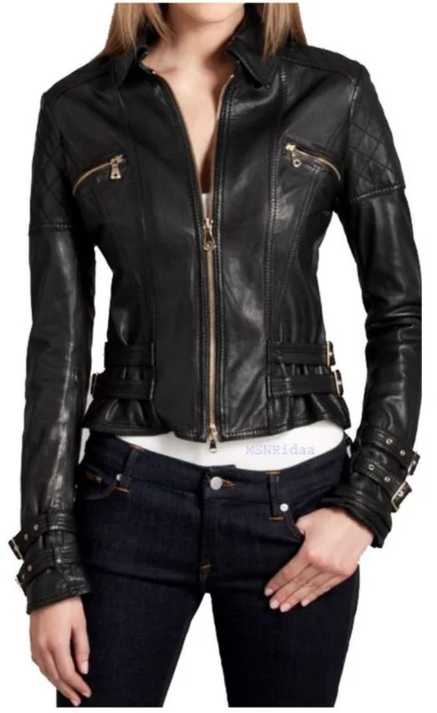 Women Real Lambskin Leather Biker Jacket KW512