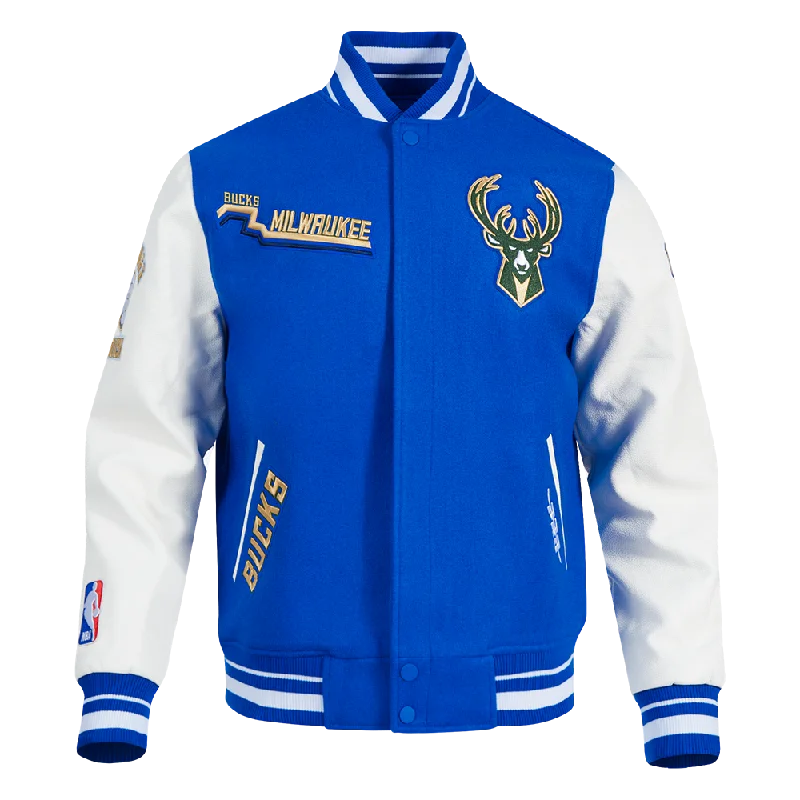 NBA MILWAUKEE BUCKS CITY EDITION 24-25 MEN'S RIB WOOL VARSITY JACKET (ROYAL BLUE/WHITE)