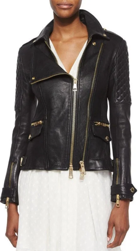 Women Real Lambskin Leather Biker Jacket KW513