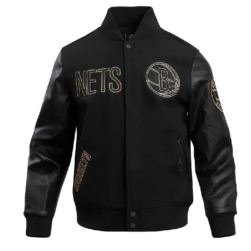 NBA BROOKLYN NETS BLACK & GOLD MEN'S WOOL VARSITY JACKET (JET BLACK)