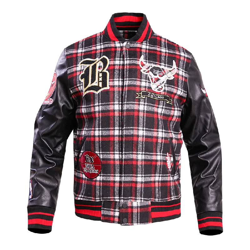 NBA CHICAGO BULLS PRO PREP MEN'S PLAID WOOL VARSITY JACKET (RED/BLACK)