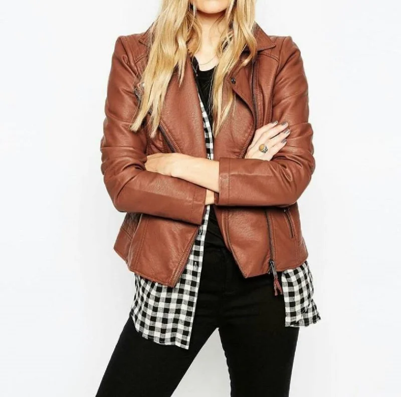 Women Real Lambskin Leather Biker Jacket KW439