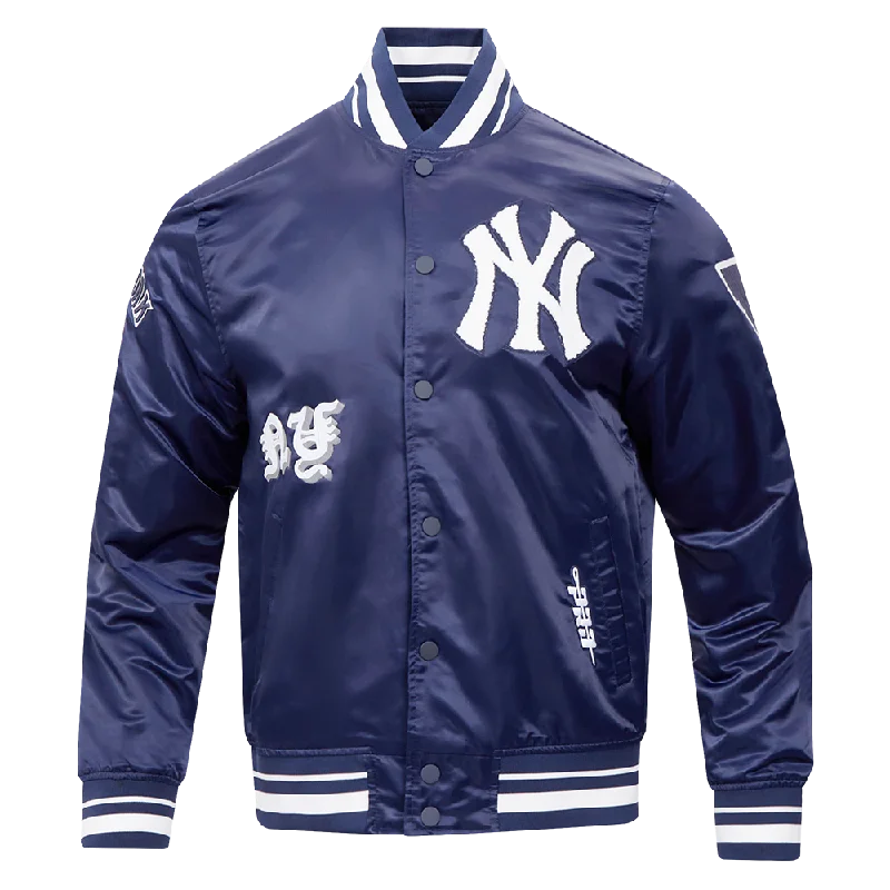 MLB NEW YORK YANKEES OLD ENGLISH MEN'S RIB SATIN JACKET (MIDNIGHT NAVY)