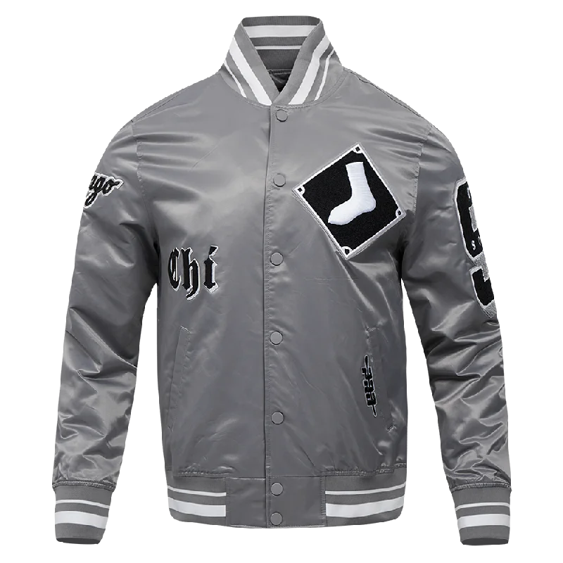 MLB CHICAGO WHITE SOX OLD ENGLISH MEN'S RIB SATIN JACKET (GRAY)