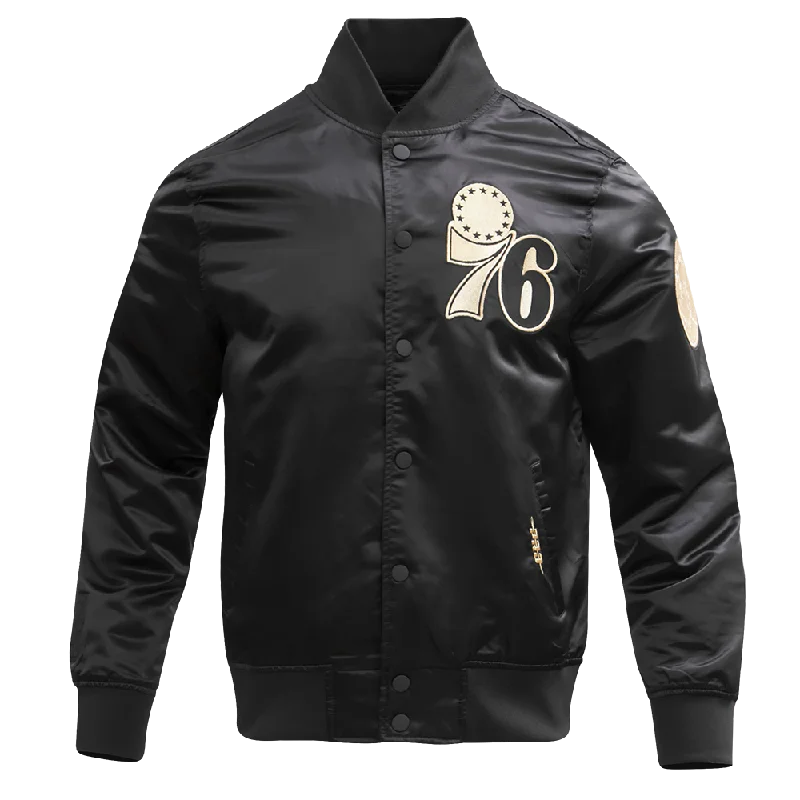 PHILADELPHIA 76ERS GOLD LOGO SATIN JACKET (BLACK)