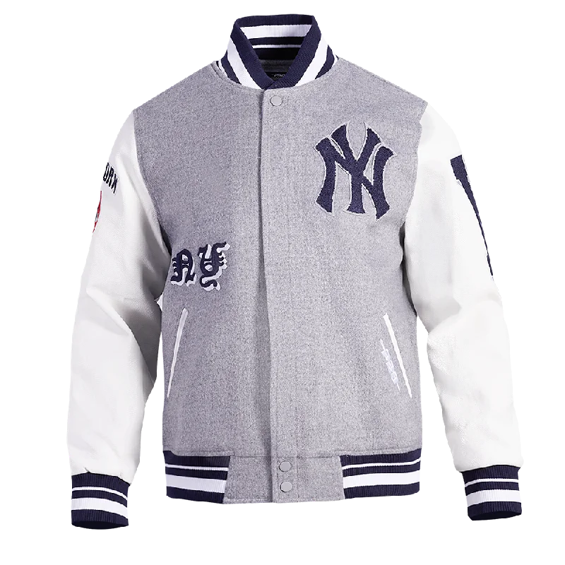 MLB NEW YORK YANKEES OLD ENGLISH MEN'S RIB WOOL VARSITY JACKET (HEATHER GREY/WHITE/MIDNIGHT NAVY)