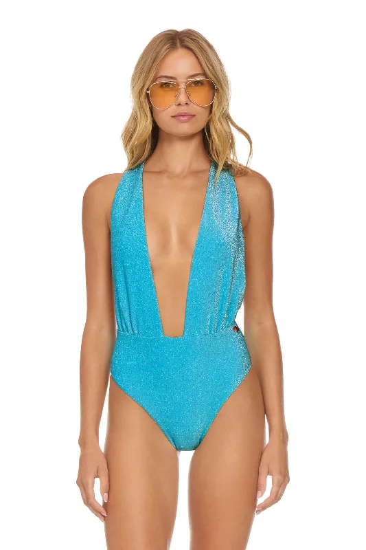 SPARKLE COMO DEEP PLUNGE CROSS BACK WOMENS ONE PIECE - SKY