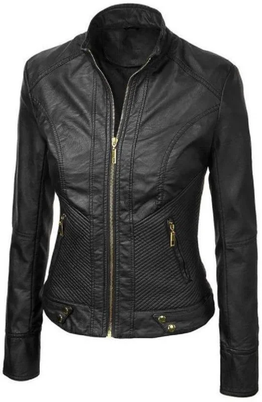 Women Real Lambskin Leather Biker Jacket KW427