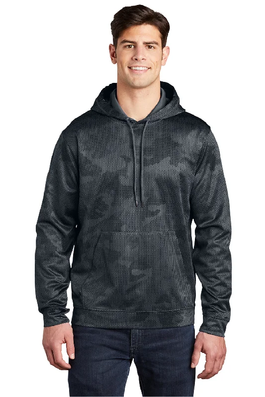 Sport-Tek Mens Sport-Wick CamoHex Moisture Wicking Fleece Hooded Sweatshirt Hoodie w/ Pouch Pocket - Dark Smoke Grey