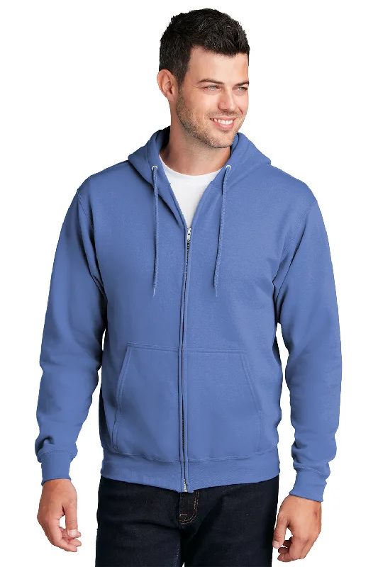 Port & Company Mens Core Pill Resistant Fleece Full Zip Hooded Sweatshirt Hoodie w/ Pockets - Carolina Blue