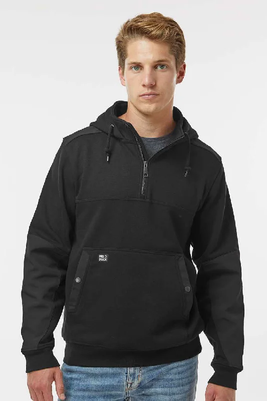 Dri Duck Mens Mission Fleece Water Resistant 1/4 Zip Hooded Sweatshirt Hoodie w/ Pouch Pocket - Black