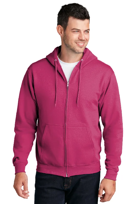 Port & Company Mens Core Pill Resistant Fleece Full Zip Hooded Sweatshirt Hoodie w/ Pockets - Sangria Pink