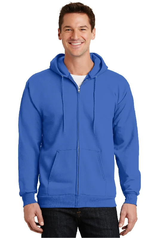 Port & Company Mens Essential Pill Resistant Fleece Full Zip Hooded Sweatshirt Hoodie w/ Pockets - Royal Blue