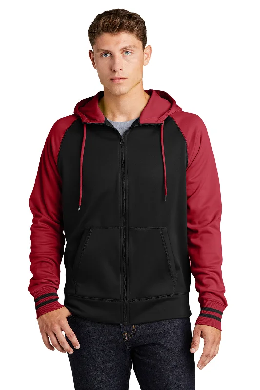 Sport-Tek Mens Sport-Wick Moisture Wicking Fleece Hooded Sweatshirt Hoodie w/ Pouch Pocket - Black/Deep Red