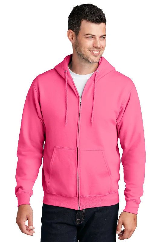 Port & Company Mens Core Pill Resistant Fleece Full Zip Hooded Sweatshirt Hoodie w/ Pockets - Neon Pink