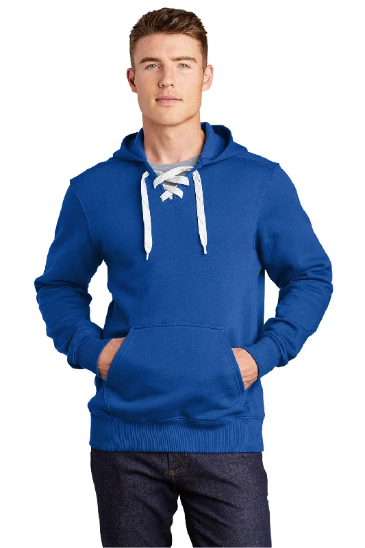 Sport-Tek Mens Lace Up Fleece Hooded Sweatshirt Hoodie w/ Pouch Pocket - True Royal Blue