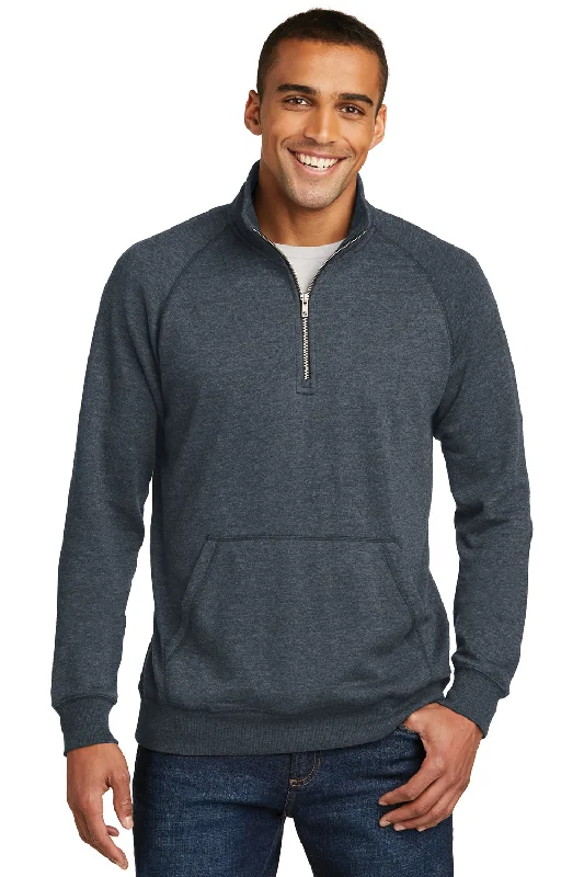 District Mens Fleece 1/4 Zip Sweatshirt w/ Pouch Pocket - Heather Navy Blue