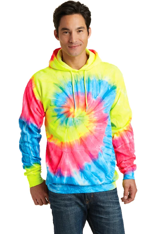 Port & Company Mens Tie-Dye Fleece Hooded Sweatshirt Hoodie w/ Pouch Pocket - Neon Rainbow