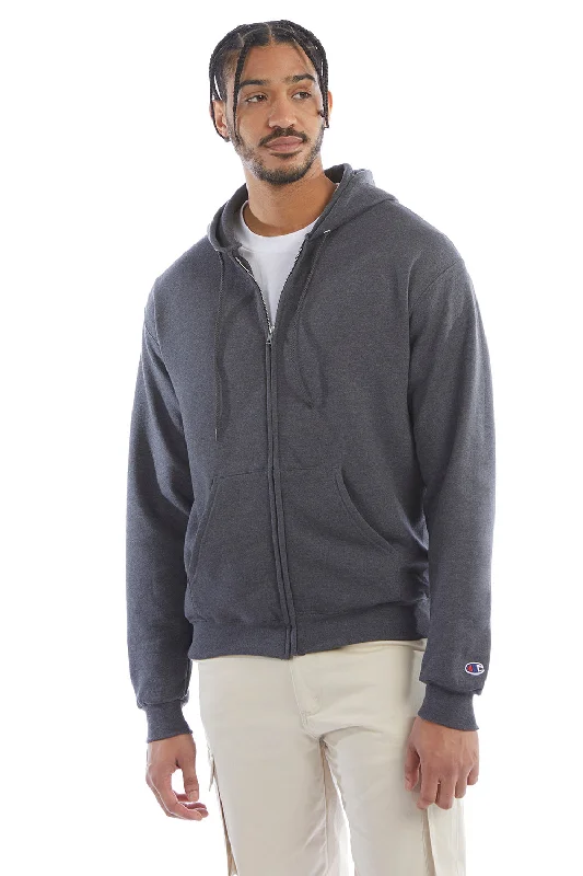 Champion Mens Double Dry Eco Moisture Wicking Fleece Full Zip Hooded Sweatshirt Hoodie w/ Pockets - Heather Charcoal Grey