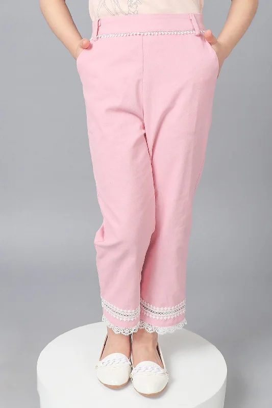 One Friday Kids Girls Pink Cotton Laced Trouser