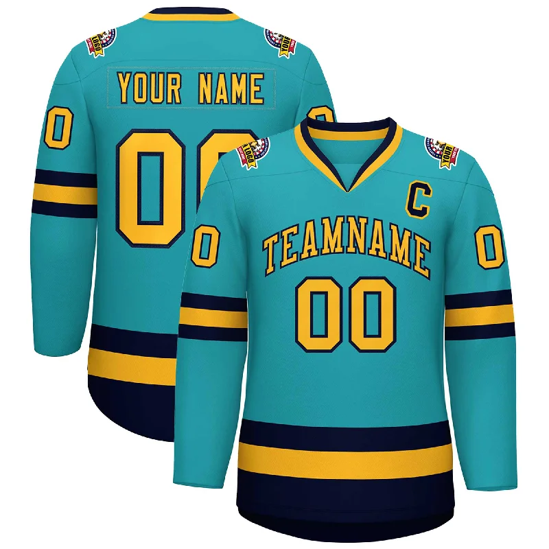 Custom Aqua Gold-Navy Classic Style Hockey Jersey