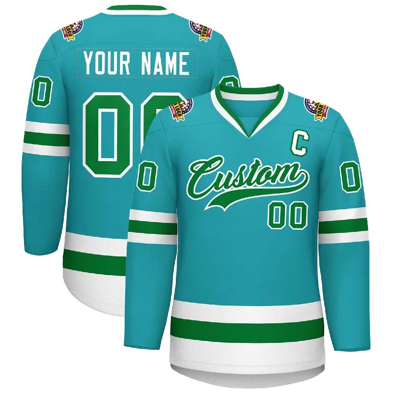 Custom Aqua Kelly Green-White Classic Style Hockey Jersey